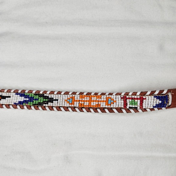 Vtb‎ Southwestern Hand Beaded Brown Cow Hide Belt Thunderbird Geometric Sz 26